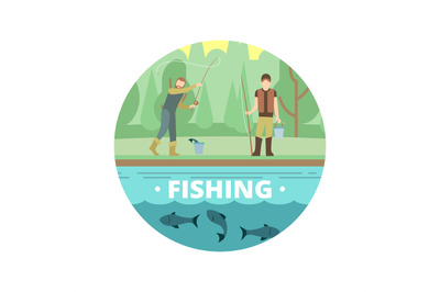 Outdoor summer activities. Fishing people with fish and equipment vect