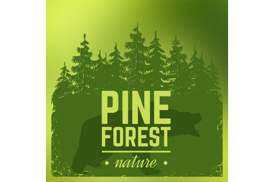 Pine forest silhouette with wild bear