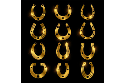 Shiny golden horseshoe vector icons, lucky symbols set