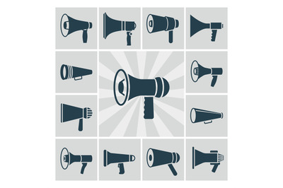 Vector speaker icons set. Flat megaphone silhouettes collection