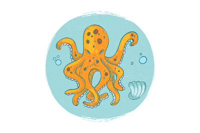 Cartoon character octopus emblem. Grunge vector ocean animal logo