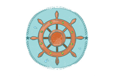 Grunge nautical emblem. Hand drawn sea wheel