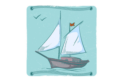 Hand drawn sailboat. Ship on waves emblem design