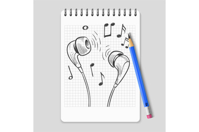 Hand drawn headphones and music notes on realistic notebook page