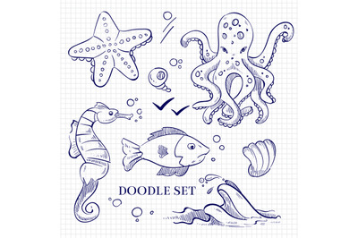 Hand drawn ocean wild animals on notebook page