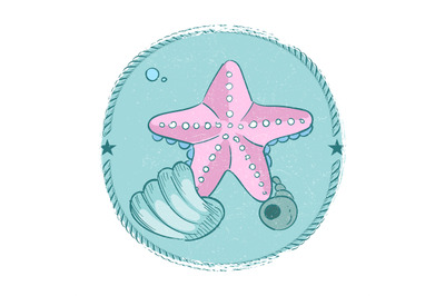 Hand drawn starfish and seashell grunge emblem