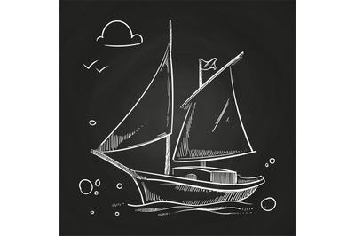 Hand sketched boat on blackboard. White vector sailboat in ocean doodl