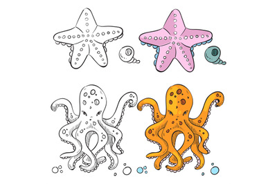 Ocean life coloring page design. Starfish and octopus