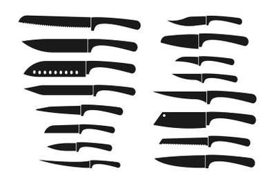 Kitchen knife set. Chef and butcher knives silhouette vector isolated