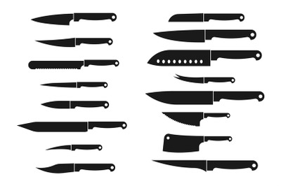 Meat cutting knives set. Kitchen metal knife isolated vector silhouett