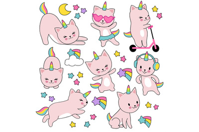 Cartoon cute white cat unicorns. Funny caticorn kittens vector set