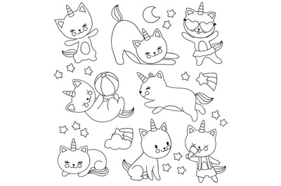 Hand drawn cute flying unicorn cats. Vector cartoon characters for kid