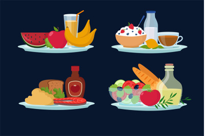 Daily diet meals, healthy food for breakfast, lunch, dinner cartoon ve