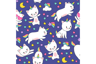 Cute cats unicorn vector seamless pattern for kids textile print