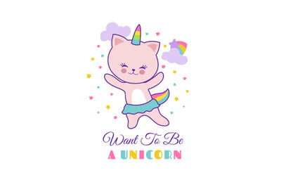 Funny pet white cat unicorn. Cute vector graphics for little girl t-sh