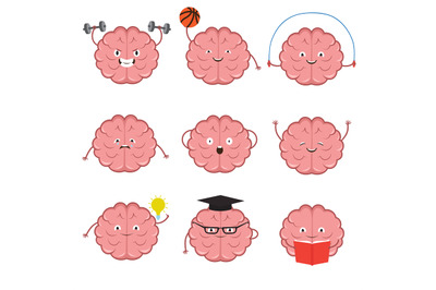 Strong, healthy, sports and smart brain vector cartoon characters set