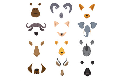 Video mobile chat animal faces. Cartoon animals masks isolated vector