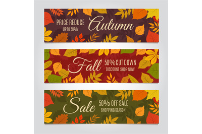 Fall sale banners. Autumn offer and season discounts advertising backg