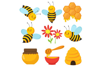 Cartoon bee. Cute bees, flowers and honey. Isolated vector characters