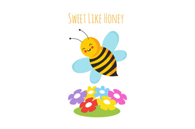 Cartoon flying bees. Cute bee and flower. Honeybee vector background