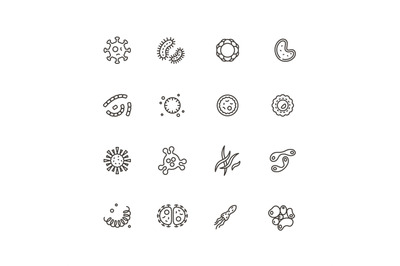 Microbes, virus and pathogen line icons. Bacteriology hygiene and infe