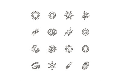 Illness bacilli, microbes, viruses and microorganisms line icons. Bact