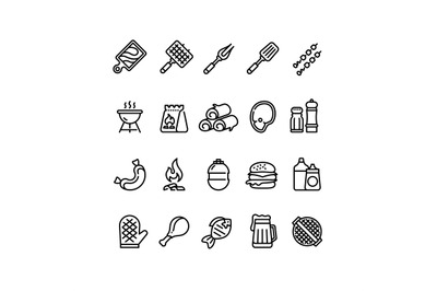 Hot barbecue and grill line icons. Bbq outdoor kitchen vector isolated