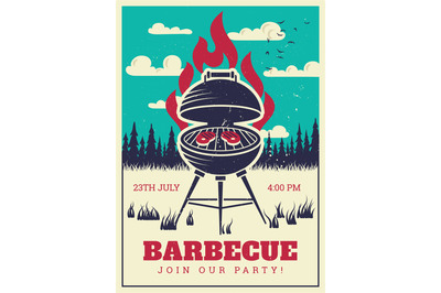 Vintage bbq grill party poster. Delicious grilled burgers, family barb