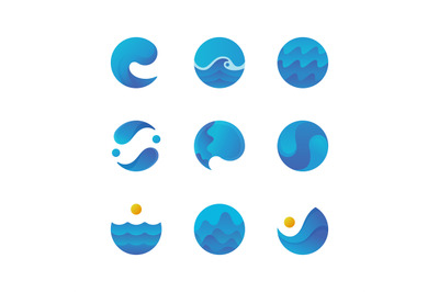 Sea surface, ocean waves logos and water labels. Swimming pool badges.