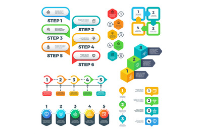 Infographic charts. Bar graphs, steps and options elements, flowchart