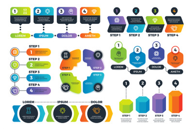 Infographic options. Arrow diagrams, abstract process charts and strat