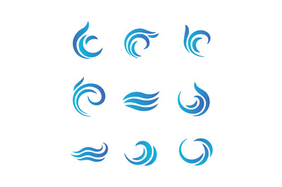 Wave logos. Blue water waves with splashes vector emblems