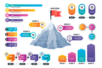 Steps to success infographics. Mountain graph with levels, achievement