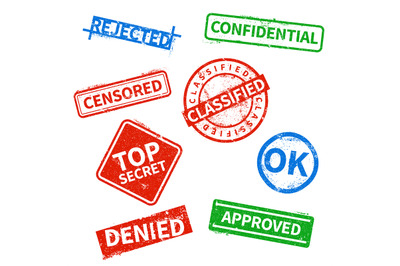 Top secret, rejected, approved, classified business rubber stamps, off