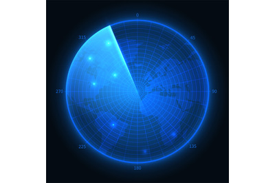 Radar screen. Military blue sonar. Navigation interface vector map