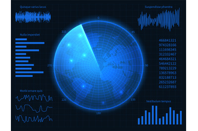 Military blue radar. Hud interface with sonar, charts and control elem