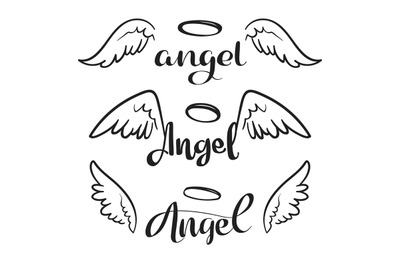 Doodle flying angel wings with halo. Sketch angelic wings. Freedom and