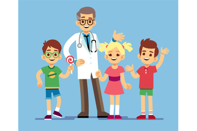 Cute male pediatrician doctor and happy healthy kids. Childrens health