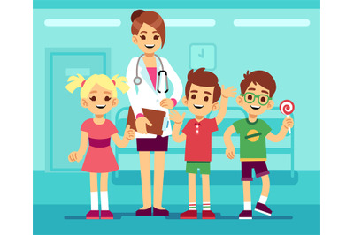 Cute female pediatrician doctor and happy healthy boys and girls in ho