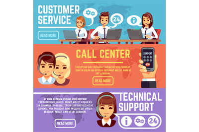 Customer service banners with call center support operators helping cu