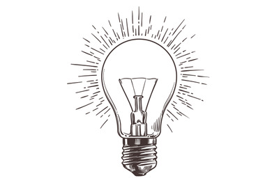 Vintage light bulb in engraving style. Hand drawn retro lightbulb with