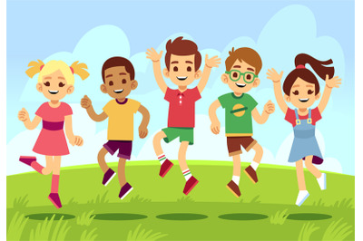 Happy children, boys and girls playing and jumping outdoor. Summer vac