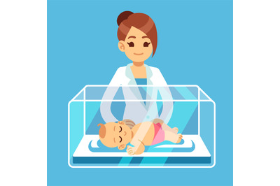 Pediatrician doctor and little newborn baby inside incubator box in ho