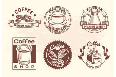 Vintage hand drawn hot drinks coffee logos with mug and beans. Isolate