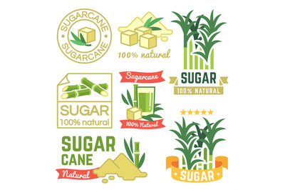 Sugar production labels, sugarcane farm badges and emblems vector set