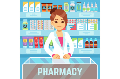 Happy young woman pharmacist sells medications in pharmacy interior. P