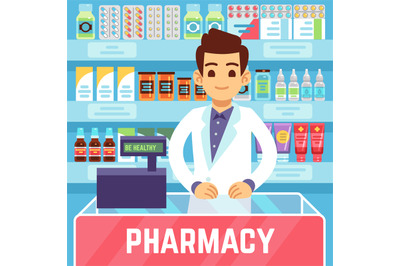 Happy young man pharmacist sells medications in pharmacy or drugstore.