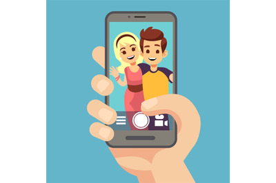 Young couple woman, man taking selfie photo on smartphone. Cute portra