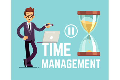 Time management business concept with cartoon businessman and clock. V