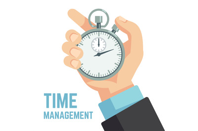 Businessman hand holding stopwatch or clock. Deadline, punctuality and